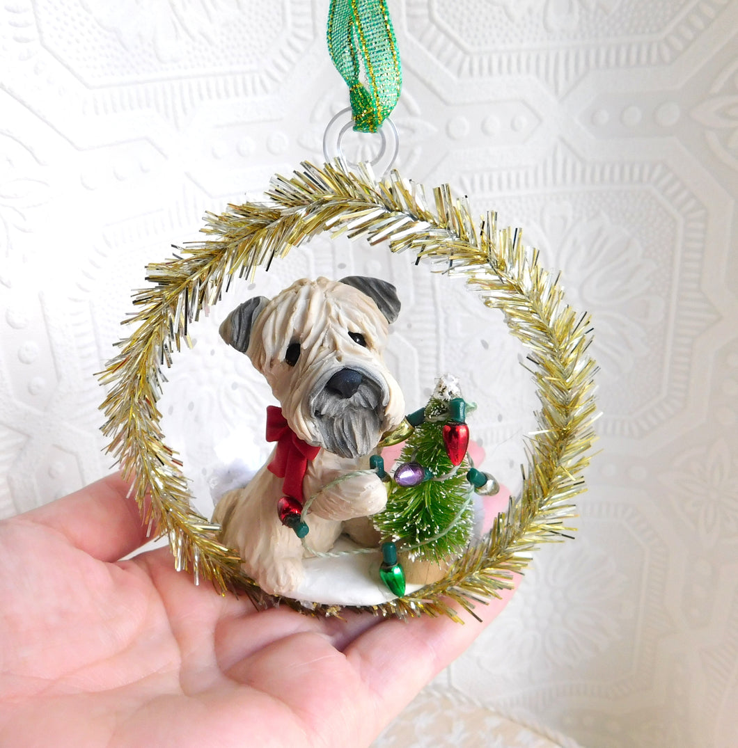 Soft Coated Wheaten Terrier Decorating the tree Christmas ornament Hand Sculpted Collectible