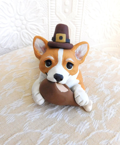 Thanksgiving Corgi with turkey leg Hand Sculpted Collectible