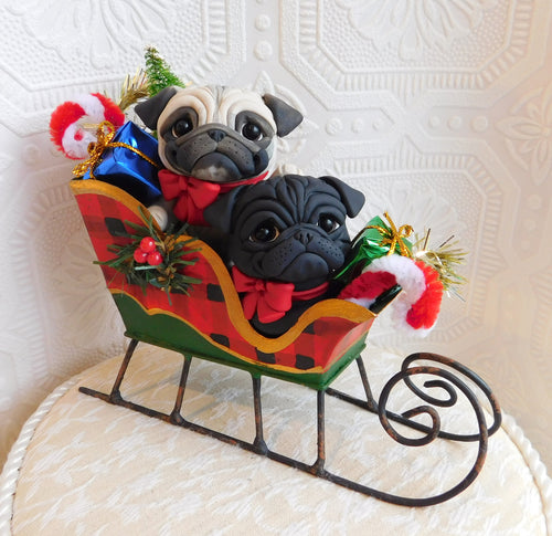 Pug Pair Christmas Sleigh Home Decor Hand sculpted Clay Collectible