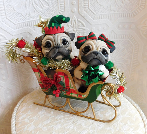 Fawn Pug Pair Christmas Sleigh Home Decor Hand sculpted Clay Collectible