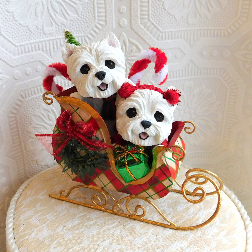 West Highland White Terrier Pair Christmas Sleigh Home Decor Hand sculpted Clay Collectible