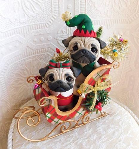 Pug Pair Christmas Sleigh Home Decor Hand sculpted Clay Collectible