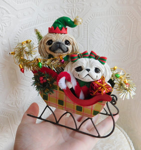 Pekingese Pair Christmas Sleigh Home Decor Hand sculpted Clay Collectible