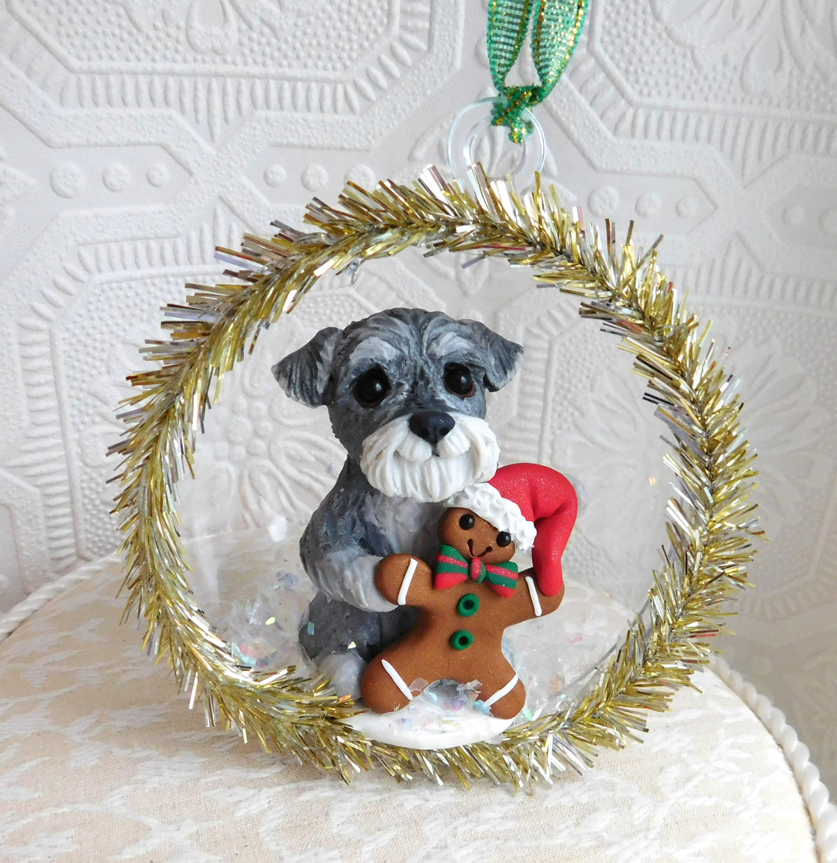 *ORDER for SARA* Schnauzer withh Gingerbrread Man Christmas Ornament Hand Sculpted Collectible