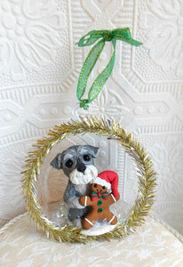 *ORDER for SARA* Schnauzer withh Gingerbrread Man Christmas Ornament Hand Sculpted Collectible