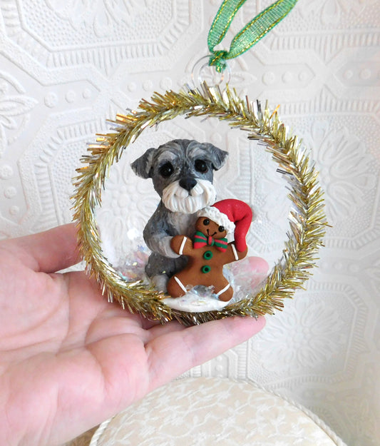 *ORDER for SARA* Schnauzer withh Gingerbrread Man Christmas Ornament Hand Sculpted Collectible