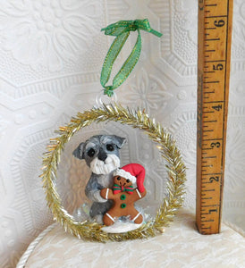 *ORDER for SARA* Schnauzer withh Gingerbrread Man Christmas Ornament Hand Sculpted Collectible