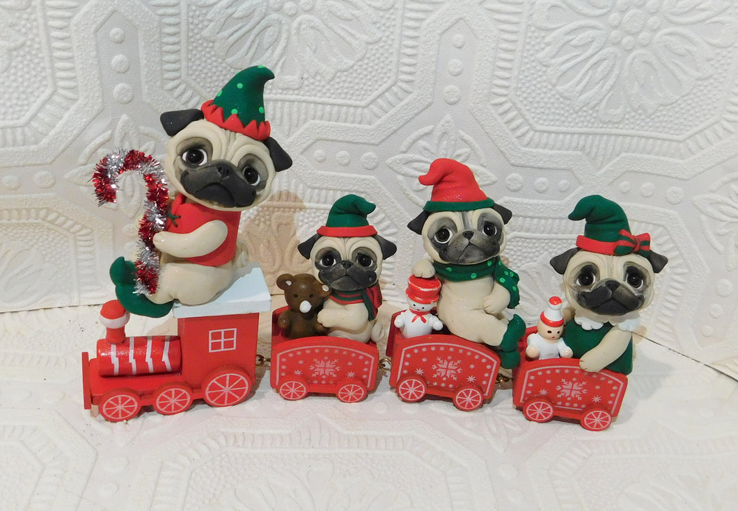 Pug Christmas train Home Decor Hand sculpted Clay Collectible