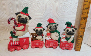 Pug Christmas train Home Decor Hand sculpted Clay Collectible