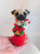 Load image into Gallery viewer, Christmas Pug in Santa&#39;s boot Hand Sculpted Collectible
