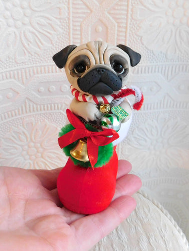 Christmas Pug in Santa's boot Hand Sculpted Collectible
