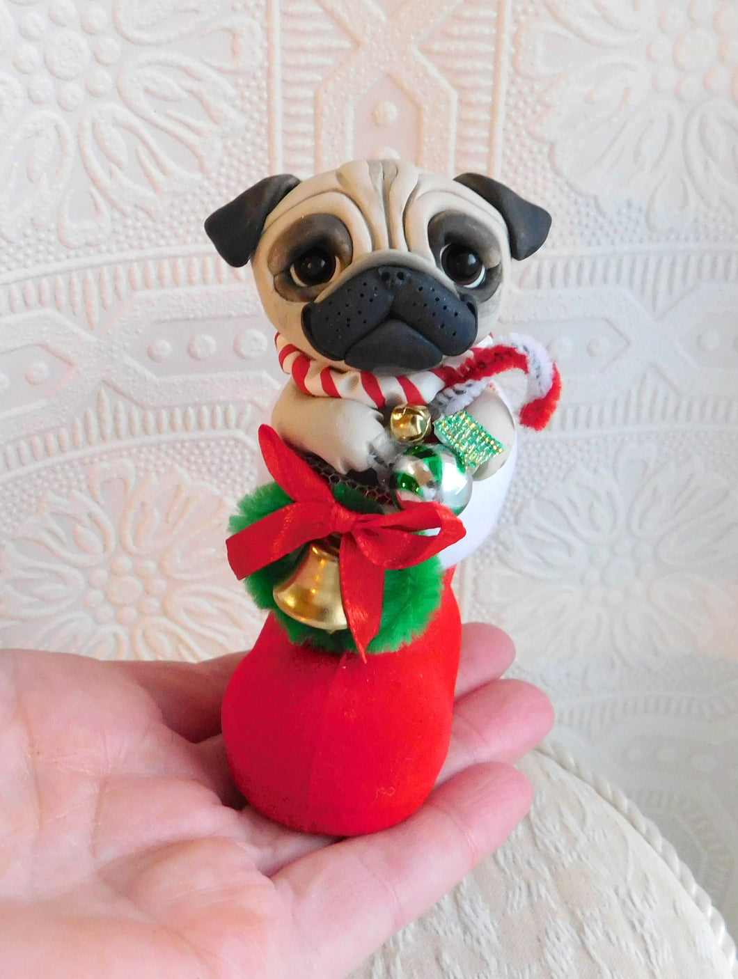 Christmas Pug in Santa's boot Hand Sculpted Collectible