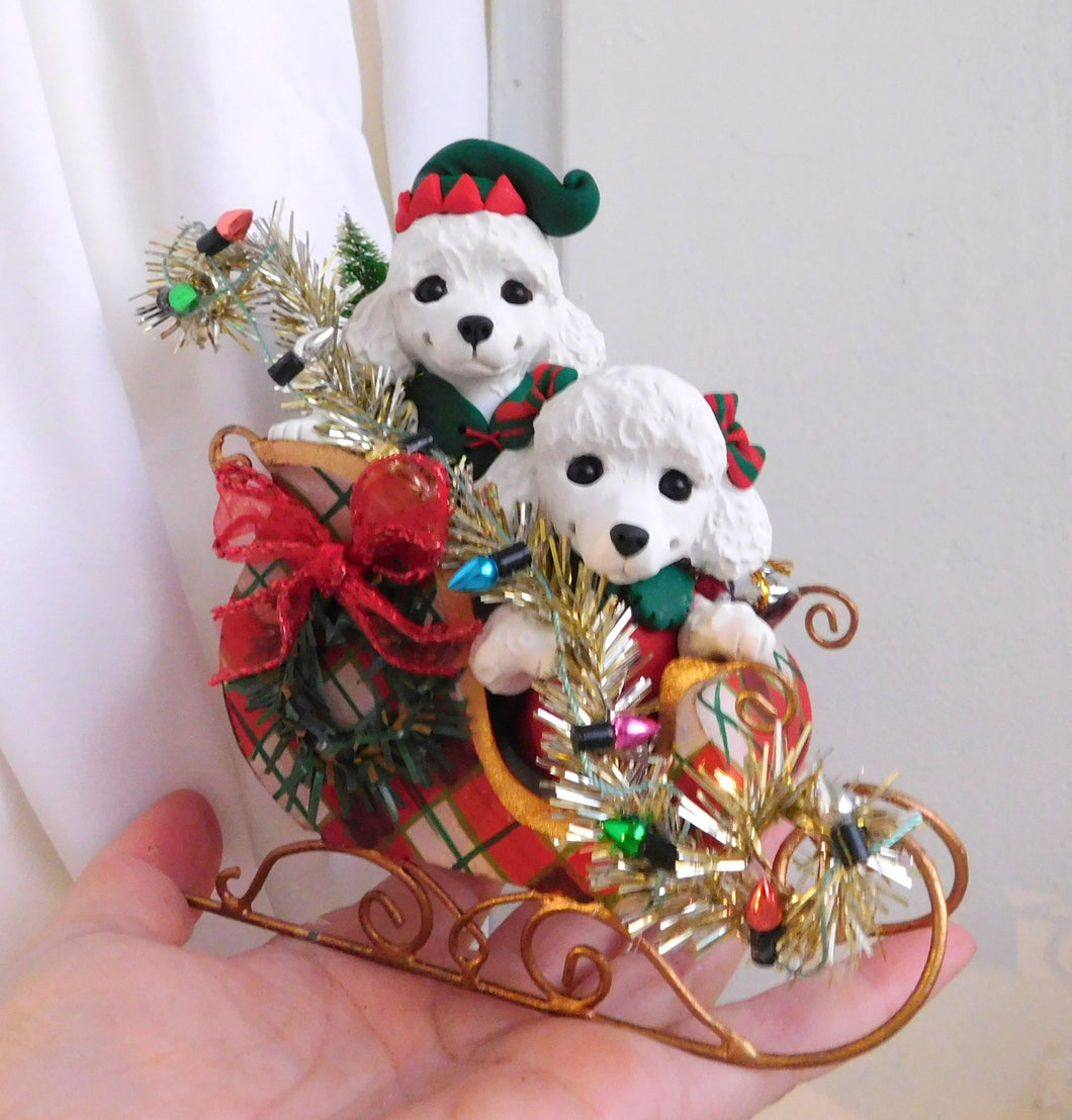 Poodle Pair Christmas Sleigh Home Decor Hand sculpted Clay Collectible