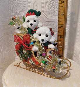 Poodle Pair Christmas Sleigh Home Decor Hand sculpted Clay Collectible