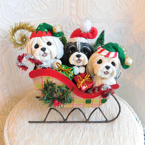 Havanese Christmas Sleigh Hand sculpted Clay Collectible