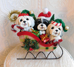 Havanese Christmas Sleigh Hand sculpted Clay Collectible