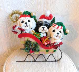 Havanese Christmas Sleigh Hand sculpted Clay Collectible