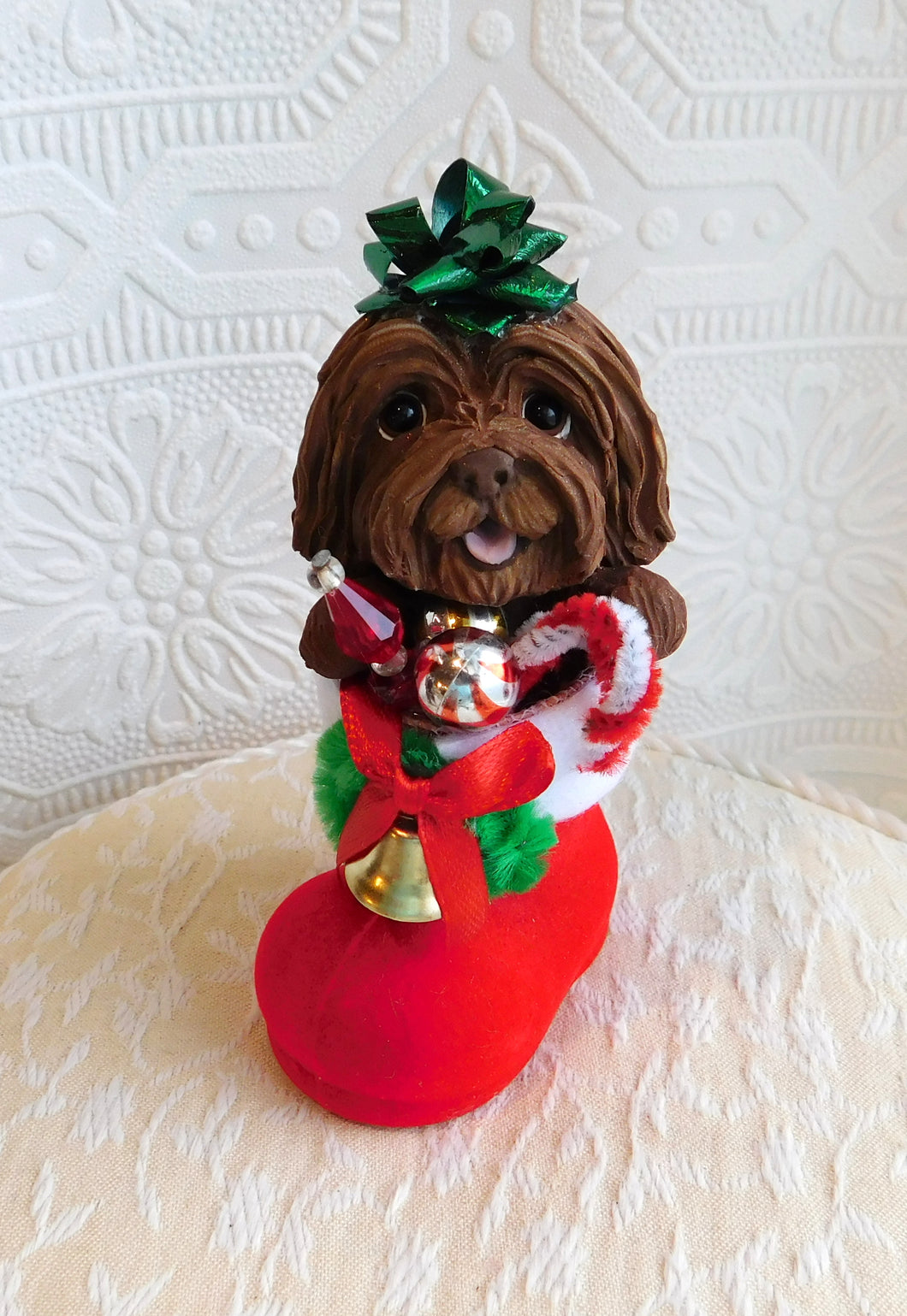 Christmas Havanese in Santa's boot Hand Sculpted Collectible