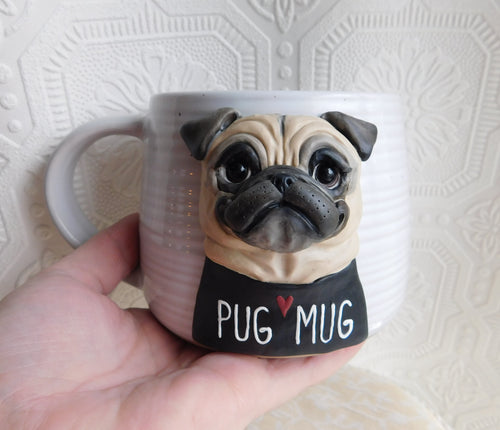 PUG MUG hand sculpted 3D Mug Dog Lover Collectible - Furever Clay