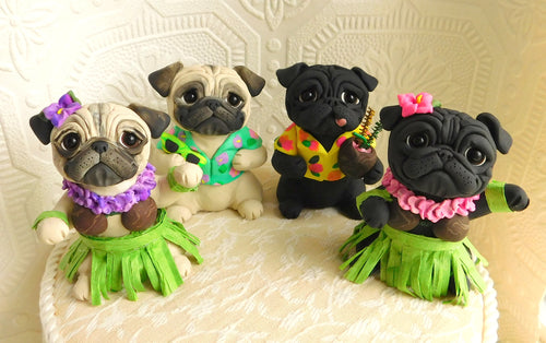 RESERVED for Leslie  Set of 4 Hawiian cuties- Pug Sculptures