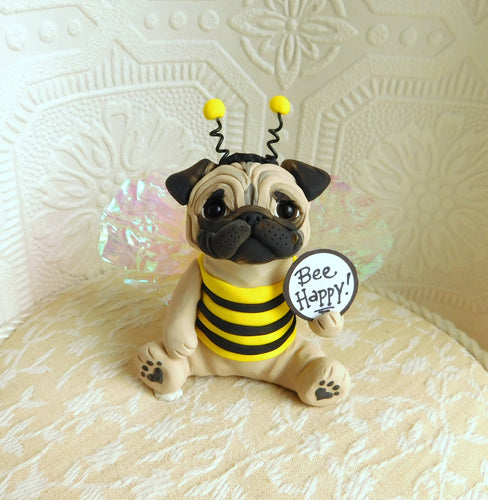 Bee Happy Pug Hand sculpted Clay Collectible