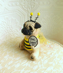 Bee Happy Pug Hand sculpted Clay Collectible
