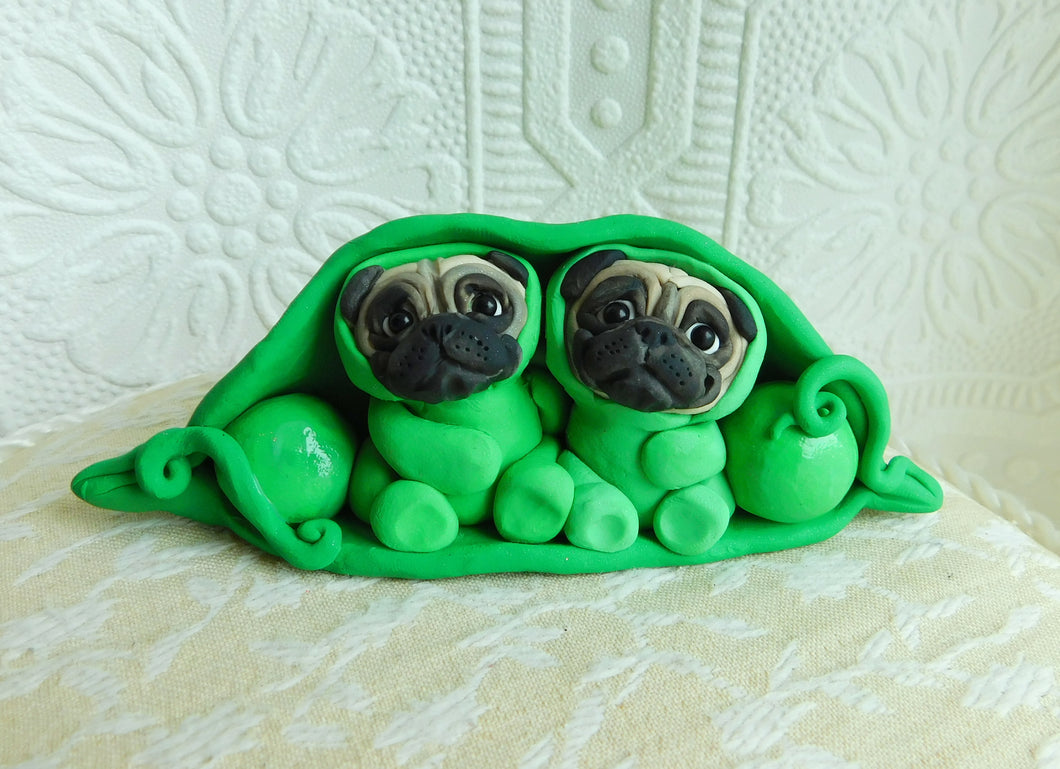 Two Pugs in a Pod Hand sculpted Clay Collectible