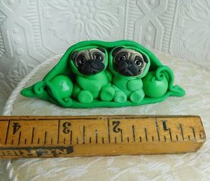 Two Pugs in a Pod Hand sculpted Clay Collectible