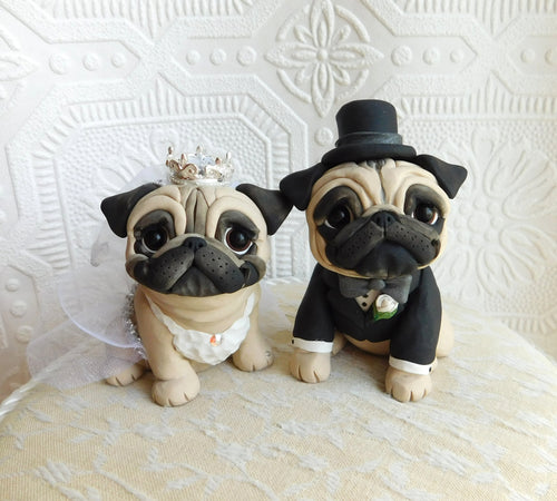 Bride & Groom Pugs Hand sculpted Clay Collectibles
