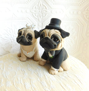 Bride & Groom Pugs Hand sculpted Clay Collectibles