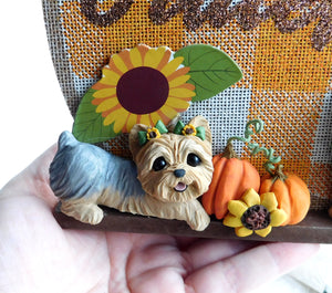 Yorkshire Terrier Grateful Autumn Home Decor Sign with Hand sculpted Clay accents Collectible