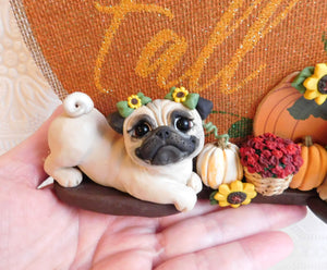 Hello Fall  Autumn Pug Home Decor Hand sculpted Clay Collectible
