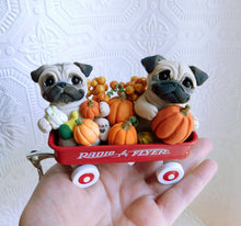 Load image into Gallery viewer, Pugs &amp; Pumpkins Little Red Wagon Hand sculpted Clay Collectible