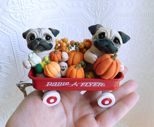 Pugs & Pumpkins Little Red Wagon Hand sculpted Clay Collectible