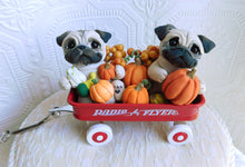 Load image into Gallery viewer, Pugs &amp; Pumpkins Little Red Wagon Hand sculpted Clay Collectible