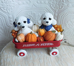 Poodles & Pumpkins Little Red Wagon Hand sculpted Clay Collectible