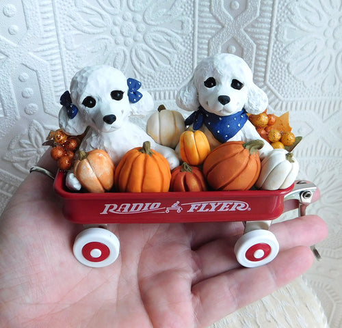 Poodles & Pumpkins Little Red Wagon Hand sculpted Clay Collectible