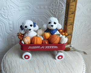 Poodles & Pumpkins Little Red Wagon Hand sculpted Clay Collectible