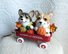 Load image into Gallery viewer, Corgis &amp; Pumpkins Little Red Wagon Hand sculpted Clay Collectible