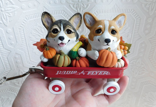 Corgis & Pumpkins Little Red Wagon Hand sculpted Clay Collectible
