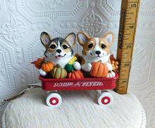 Load image into Gallery viewer, Corgis &amp; Pumpkins Little Red Wagon Hand sculpted Clay Collectible