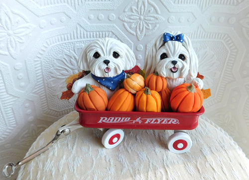 Maltese & Pumpkins Little Red Wagon Hand sculpted Clay Collectible