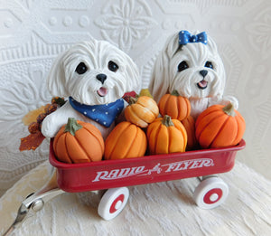 Maltese & Pumpkins Little Red Wagon Hand sculpted Clay Collectible