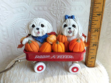 Load image into Gallery viewer, Maltese &amp; Pumpkins Little Red Wagon Hand sculpted Clay Collectible