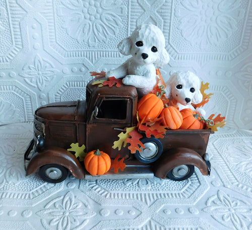 Poodle Autumn Pick up truck Home Decor Hand sculpted Clay Collectible