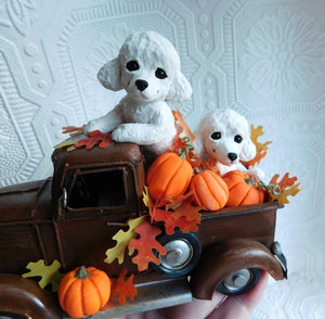 Poodle Autumn Pick up truck Home Decor Hand sculpted Clay Collectible