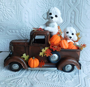 Poodle Autumn Pick up truck Home Decor Hand sculpted Clay Collectible