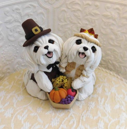 Thanksgiving Maltese Pilgrim/Indian Sculpture - Furever Clay