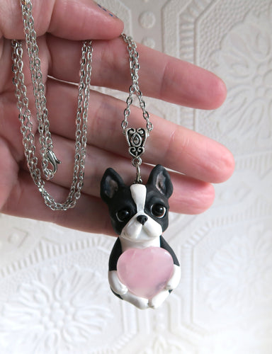 Boston Terrier Love & Energy Rose Quartz Heart pendant necklace
