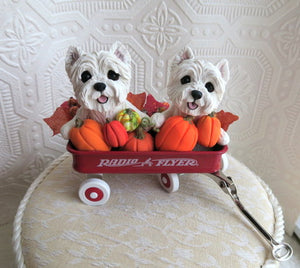 Westies & Pumpkins Little Red Wagon Hand sculpted Clay Collectible